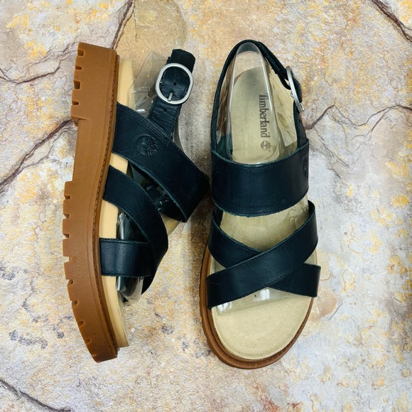 New+ Box Timberland Women's Clairmont Way Cross Strap Leather Black Sandals Sz 8 - Picture 1 of 7